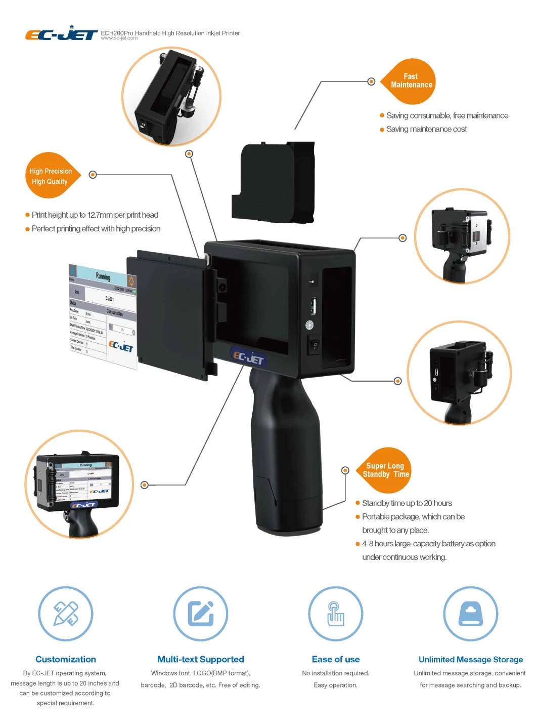 Carton Box Portable Handheld Inkjet Ec-Jet Printer (ECH200PRO)